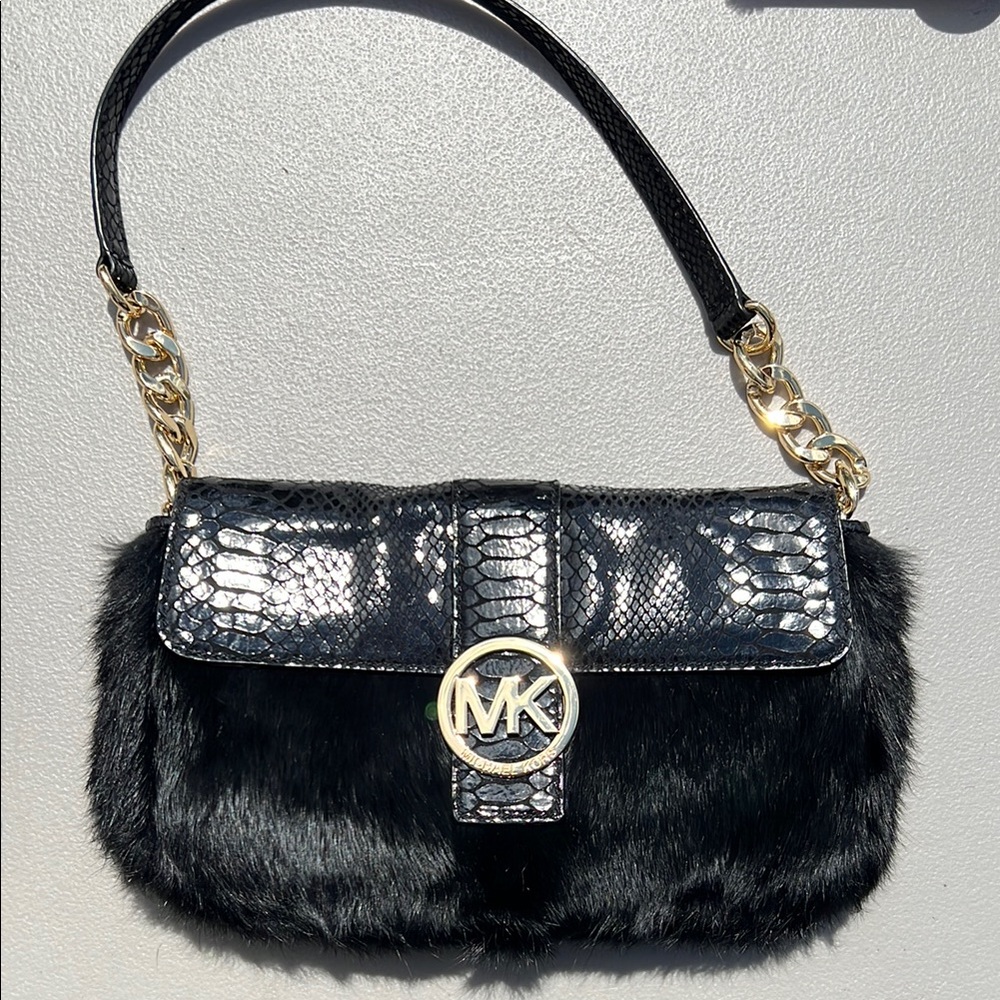 Michael Kors Black Patent Snake print with fur Shoulder Bag